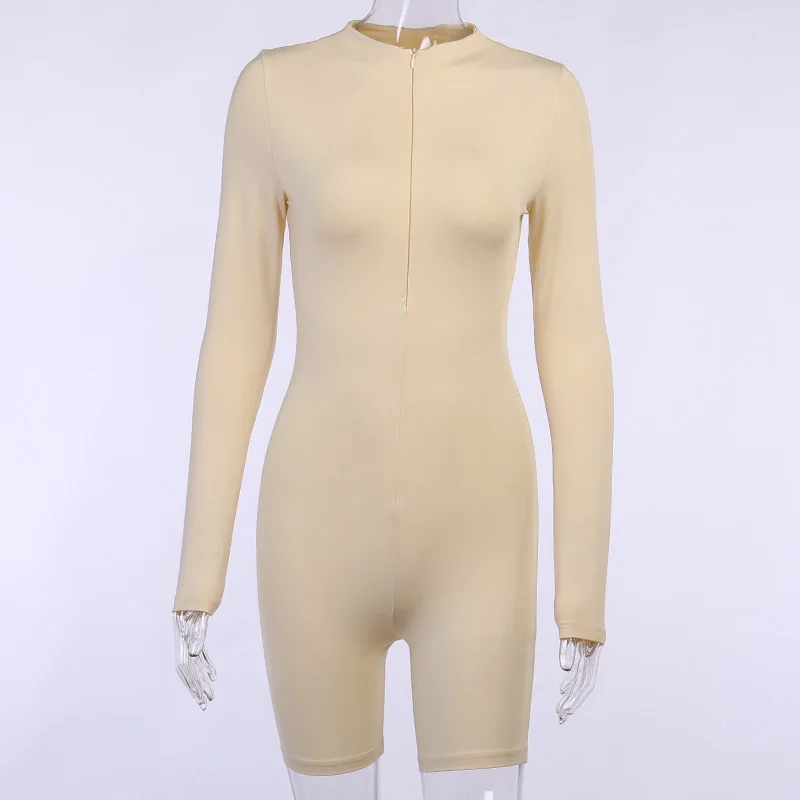 

Bangniweigou Skinny Long Sleeve Zip Up V Neck Solid Playsuit Romper for Women Biker Shorts Overalls Workout Playsuits