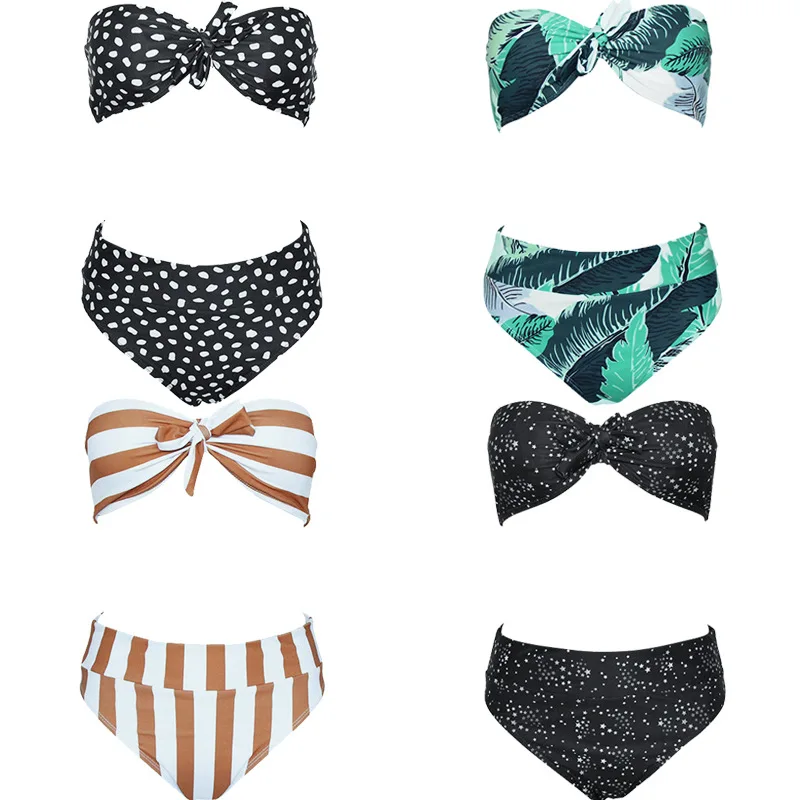 2020 Women High Waist Bikini set Plant Print Striped Off The Shoulder sexy swimsuit Bandeau Front Knot Tie Dot Swimwear | Женская одежда