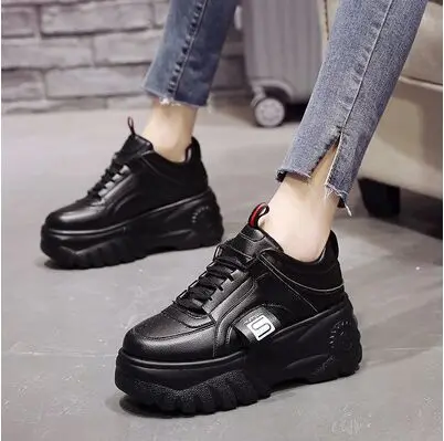 Черный Fashion Woman High Platform Sneakers Spring Female Shoes Black White Sneakers Breathable Zapatos Casual Mujer size 35-39 - Цвет: Черный