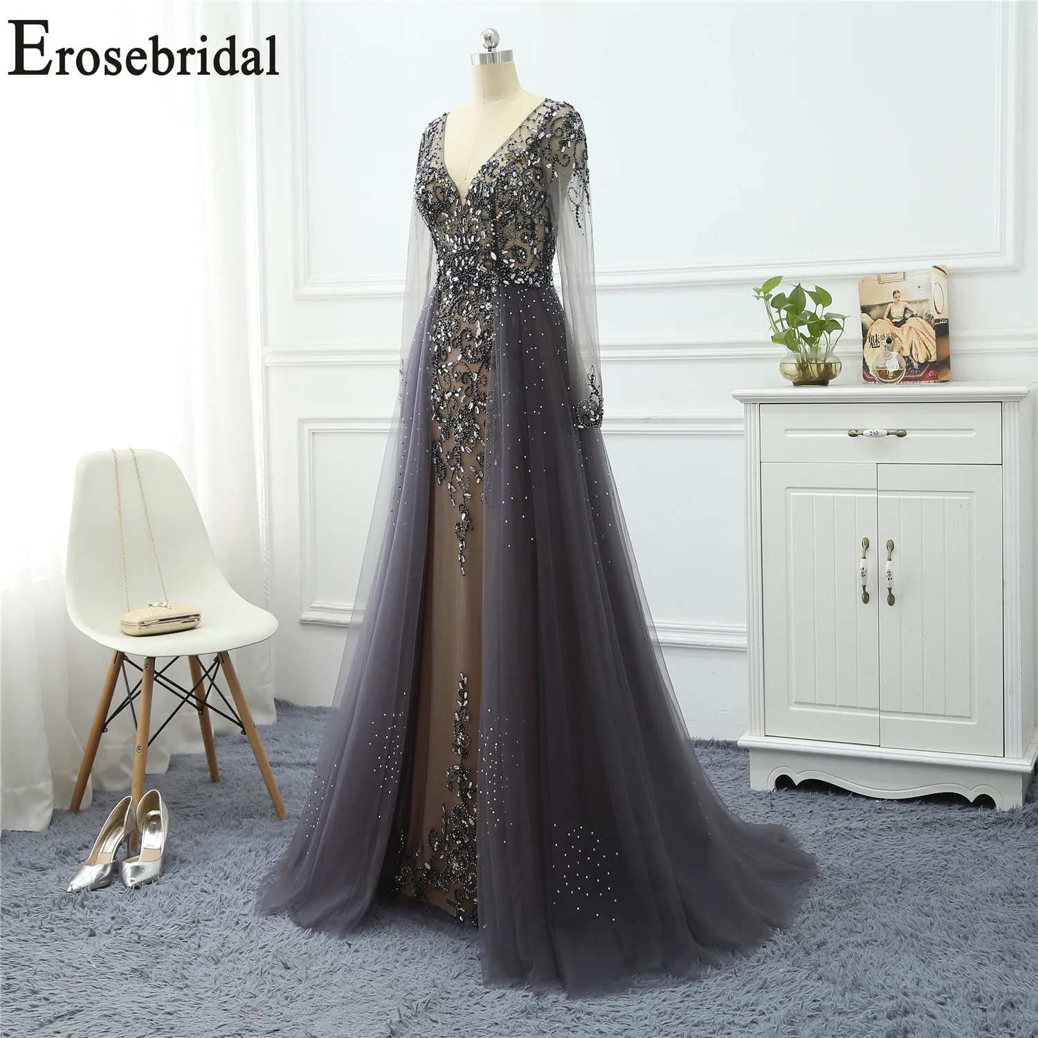 Erosebridal платья с длинным рукавом для особых случаев для женщин вечернее платье Длинные официальные платья вечерние платья тюль ткань с бисером