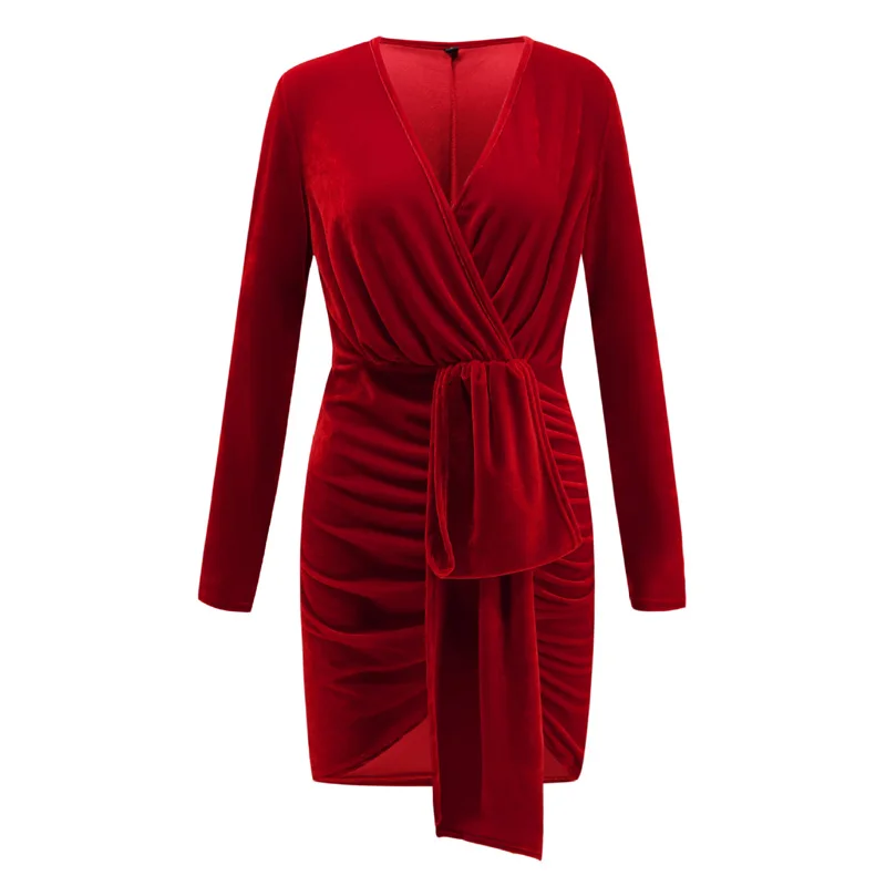 

2020 Spring Sexy Deep V-neck Women party dress Solid Velvet Tight Waist Dress