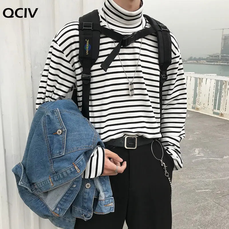

Harajuku Loose Fit Striped Tshirt Men Turtleneck Pocket Oversized T Shirt For Men Autumn Winter Clothing Camisas Casual Top
