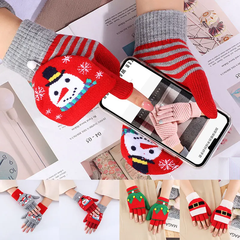 

Santa Claus Pattern Women Gloves Autumn Winter Knitted Flip Top Half Finger Mittens Popular Fashion Christmas Printed Gloves