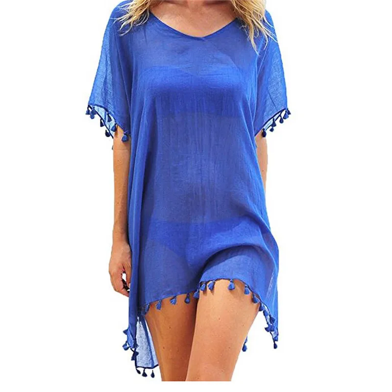 2021 Chiffon Tassels Beach Wear Women Swimsuit Cover Up Swimwear Bathing Suits Summer Mini Dress Loose Solid
