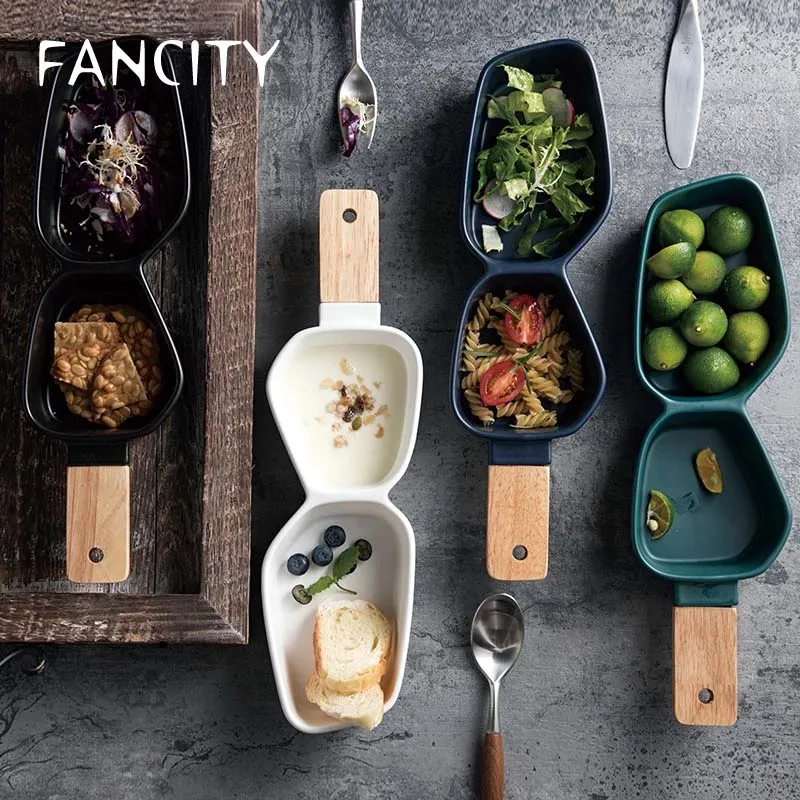 

FANCITY Nordic Tableware Ceramic Multi - fruit Bowl Hotel Creative Flavoring Snack Melon Seeds Nut Chips Dish Natural Wood Handl