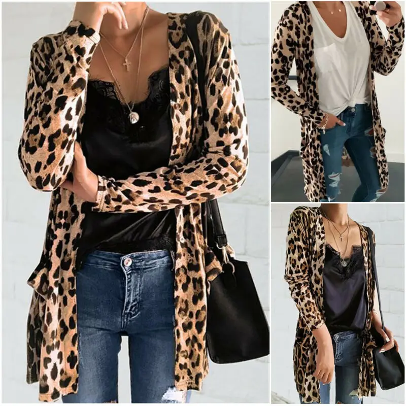Модные женские свитера Кардиган с длинным рукавом Леопардовый принт вязаный
