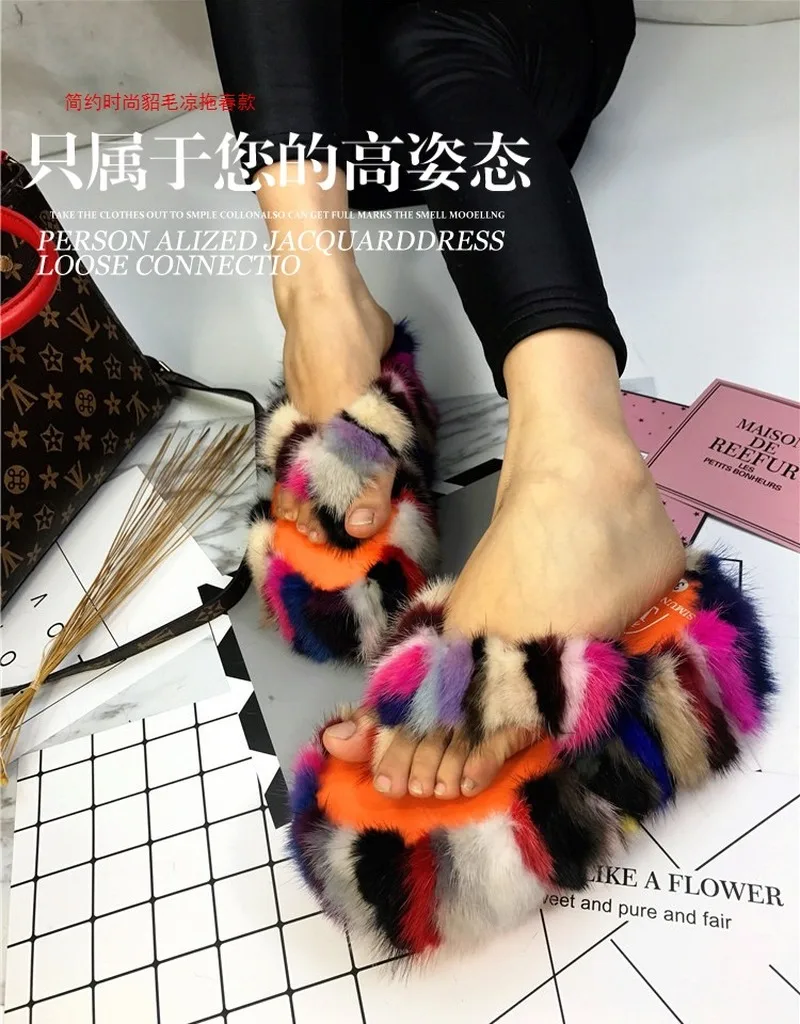 

Hot Sale Womens Rainbow Colors Real Mink Fur Decor Slipper Platform Muffin High Wedge Heel Shoes Slides Slingback Flip Flops New