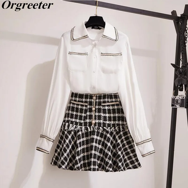 

Женский комплект из 2 предметов, шифоновая рубашка в стиле пэчворк с отложным воротником и однобортная клетчатая мини-юбка-годе с бахромой и...