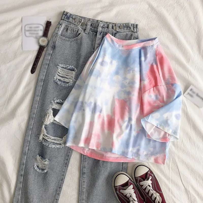 Women Short Sleeve T-Shirt Streetwear Tie Dye Print Summer Sweet Loose Oversized 2XL Ladies Tee Shirt Tops W1 | Женская одежда