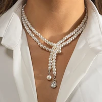 lacteo new bohemian long tassel imitation pearl chain choker necklace fashion glass pendant necklace for women jewelry wholesale