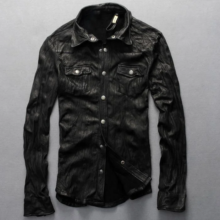 

Модная новинка 2019, брендовая мужская кожаная куртка, Мужская Облегающая рубашка из натуральной кожи, мужское тонкое кожаное пальто со склад...