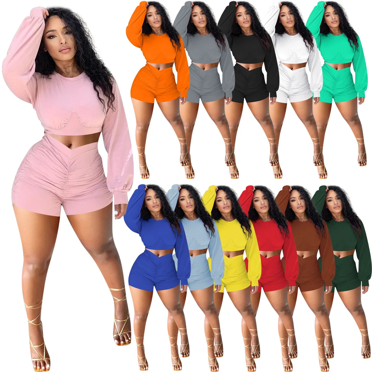 

Casual Tracksuit For Women Long Sleeve Crop Top Shorts Two Piece Set Outdoor Fashion Jogging GYM Fitness Workout Autumn Suit2021