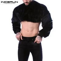 men crop tops fashion t shirt fleece solid turtleneck long sleeve sexy warm tops incerun streetwear nightclub party t shirts