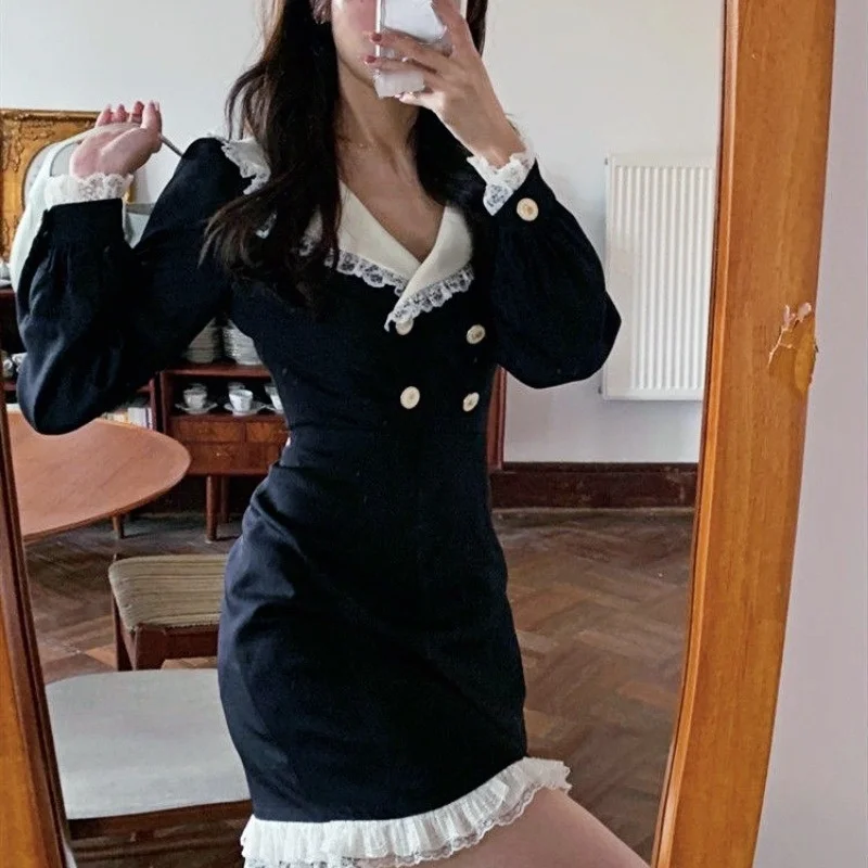 

Korean Fashion Y2k Mini Dress Women Party Long Sleeve Black Elegant Dress Lace Design 2021 Autumn Vintage Sexy Dress Females