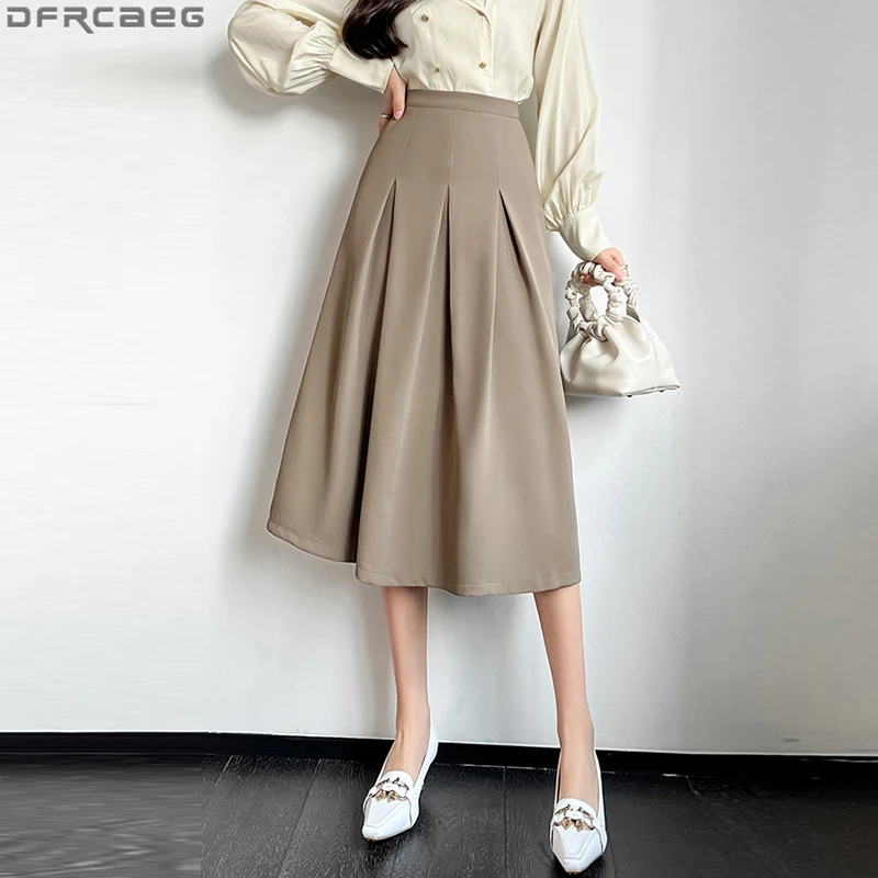 

Black White Khaki Long Skirts For Women 2022 Spring Summer Vintage Pleated Skirt High Waist A-Line Big Swing Maxi Falda Plisada