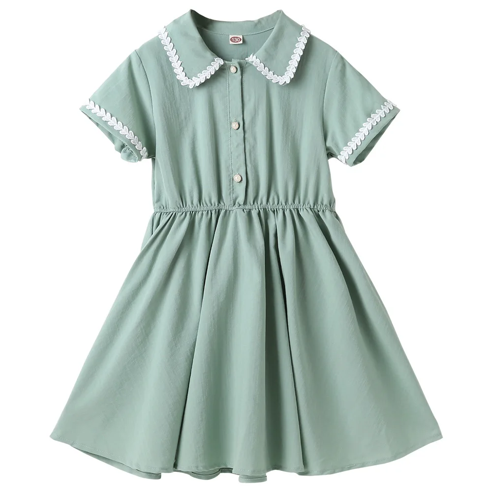 

Girls Summer Dress Green Cotton Casual A-LIN Dress for Kids Clothes 2021 New Children Princess Dress 10 12 Years Teen Costumes