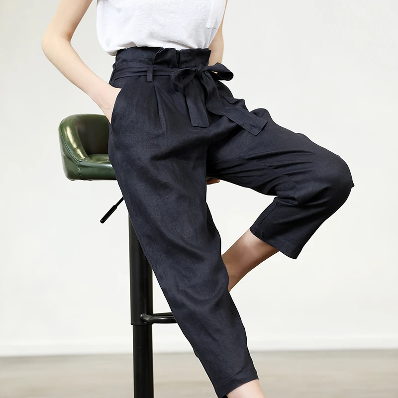 SUYADREAM Women Pants 100%Linen Solid High Waisted OL Ankle-Length 2020 Office Lady Spring Summer Trousers | Женская одежда
