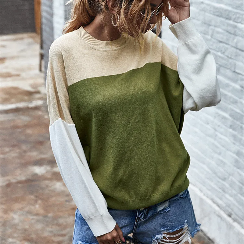 

Fashion Vintage 2020 Women Knitting Clothes Casual O-neck Patchwork Long Sleeves Sweater