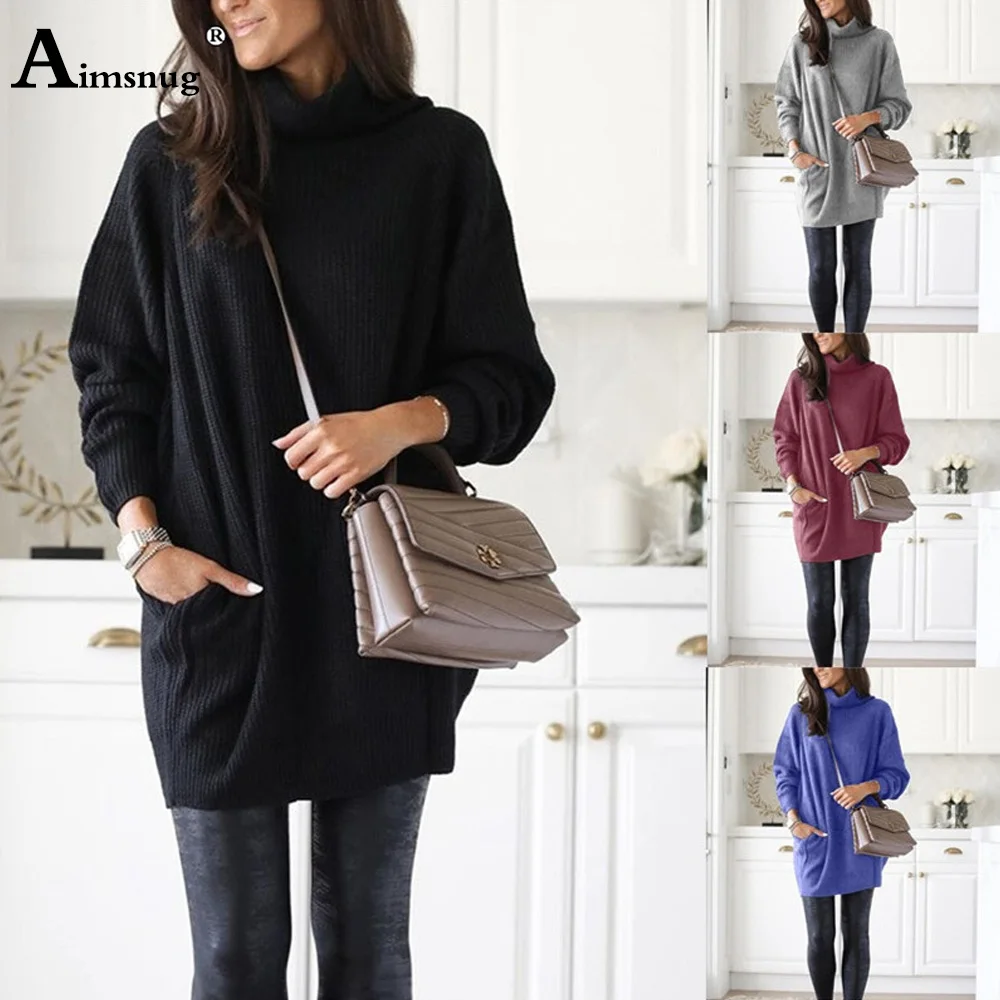 

Women Elegant O-Neck Knitted Long Sweater Autumn New Patchwork Model Pocket Jumpers Winter Warm Clothes Black Pullovers Sweaters