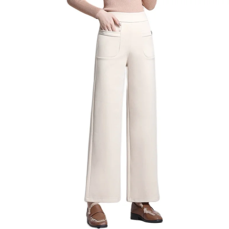

New Elegant Fashion Women Autumn Winter Woolen Wide Leg Pants High Waist Straight Loose Cropped Pants