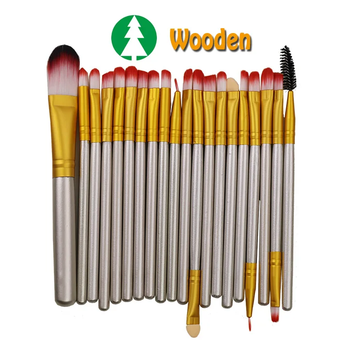 silver-Wooden Gold 20 шт., наборы кистей для макияжа, основа, пудра, Косметические румяна, тени для век, красота, блеск, макияж, брус, косметический набор инструментов для красоты - Handle Color: silver-Wooden Gold