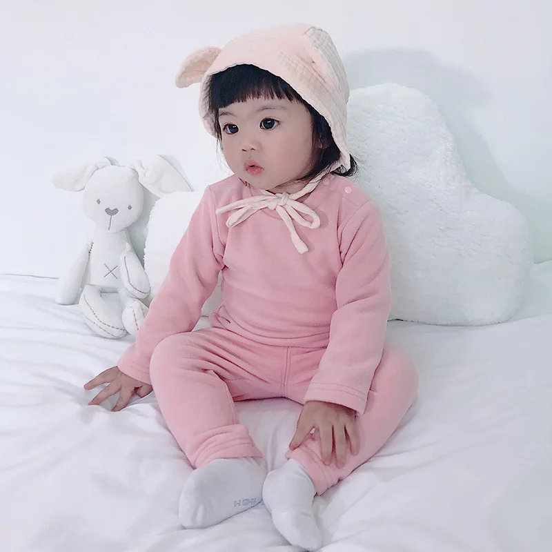 Хлопковая однотонная Пижама для малышей детский зимний комплект одежды сна с