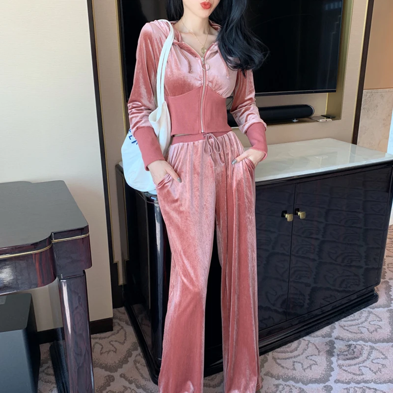 

Женский вельветовый комплект из 2 предметов, повседневный облегающий топ с капюшоном и длинные брюки свободного кроя, осень женские костюмы