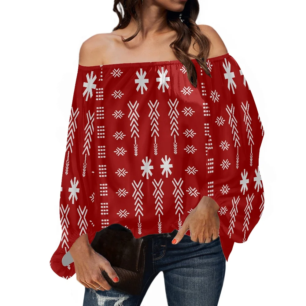 

Fashion Casual Cold Shoulder Chiffon Women Shirt Polynesian Tribal Print Off The Shoulder Top Fashion Puffy Sleeves Blouse