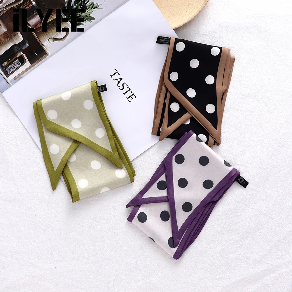 

ILYEE 2021 новый летний Шелковый Атласный Галстук для волос в горошек, бандана, длинный шарф с ручкой для сумки, повязки на голову для женщин, шей...