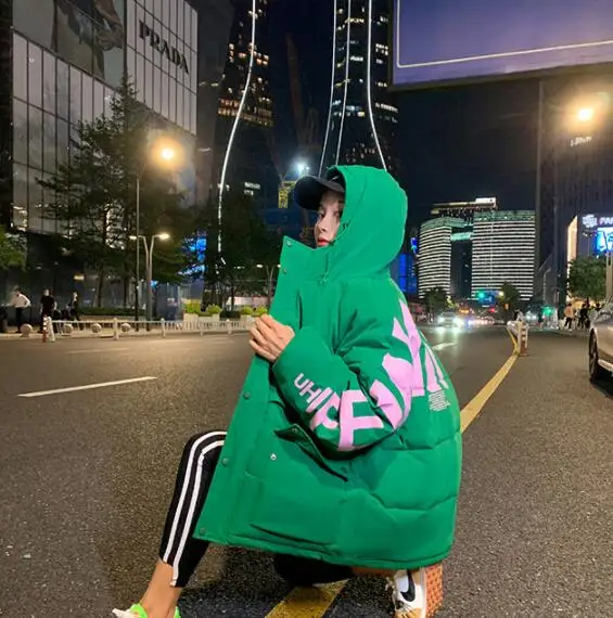 

2021 Winter Women Coat Loose short Warm Hooded Parkas Cotton Padded Down cotton letter print female jackets Big packets
