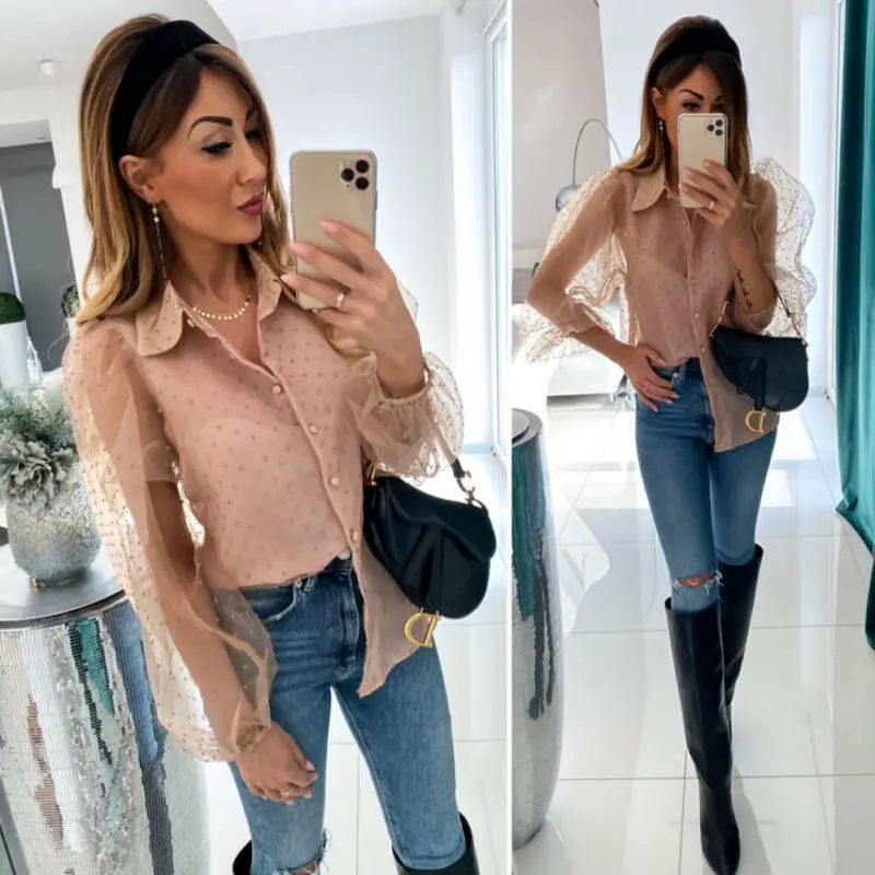 Новая женская прозрачная сетчатая блузка в горошек пышные топы с длинными