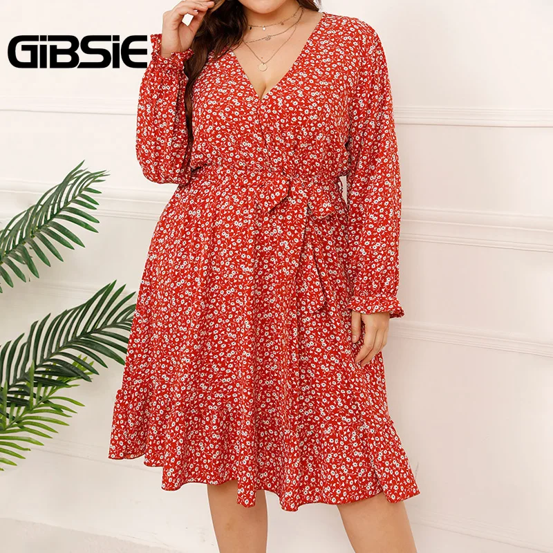 

GIBSIE Ditsy Floral Print Ruffle Hem Belted Dress Plus Size xxxl 4xl Women Deep V Neck Long Sleeve Midi Dresses 2021 Autumn New