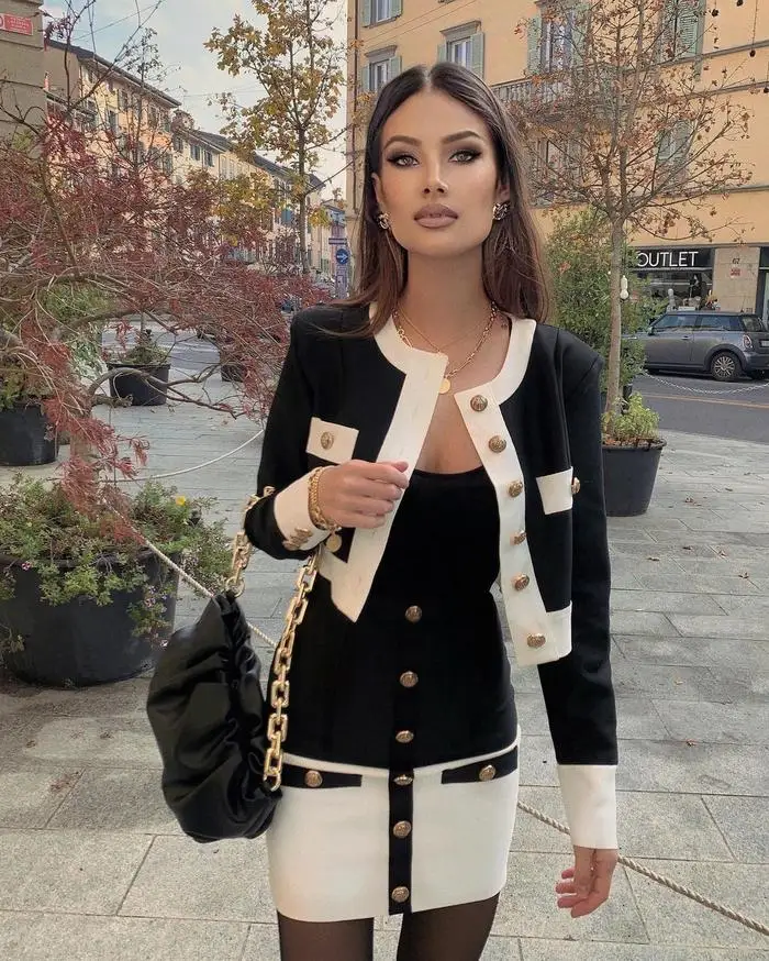 

Women Clothing Set Winter 2020 Sexy Designer Button Black Two Pieces Set Party High Street Celebrity Bandage Crop Tops Skirts