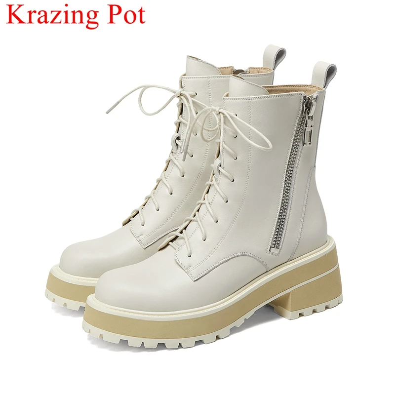 

Krazing Pot 2022 genuine leather zipper platform round toe Chelsea boots high heels warm winter shoes office lady ankle boots