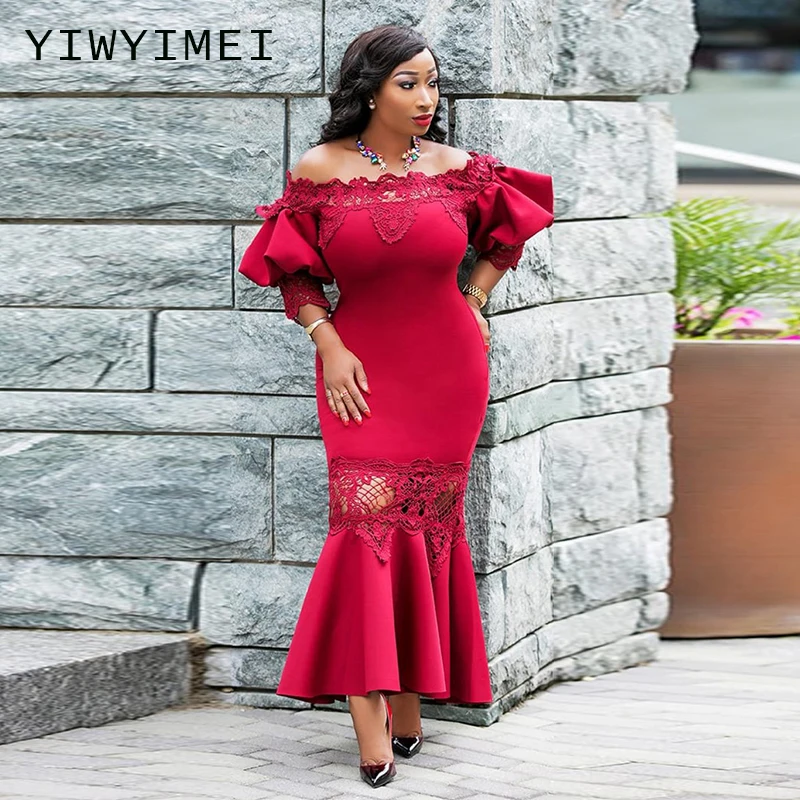 

Half Lantern Sleeve Lace Patchwork Skinny Slash Neck Midi Mermaid Dress Autumn Winter Women Fashion Streetwear Casual Outfits