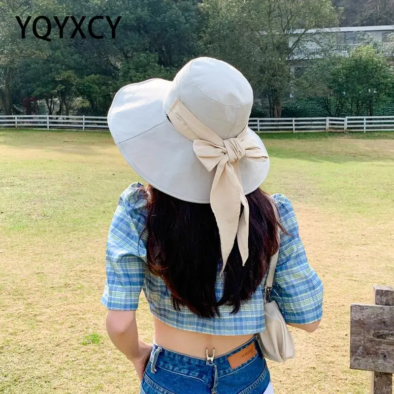 

YQYXCY Bucket Hat Women Spring Summer Fisherman Cap Big Bow Ribbon Large Brim Sun Protection Korean Double Color Cloth