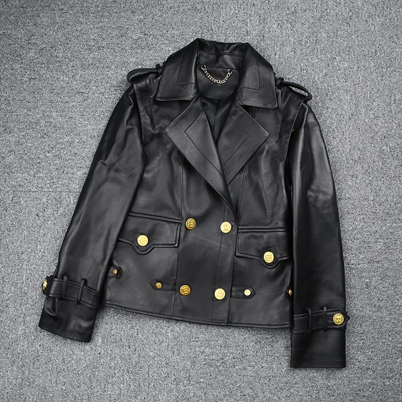 

2021 New Style Women's Fashion Genuine Leather Jacket Coat Detachable Sleeve