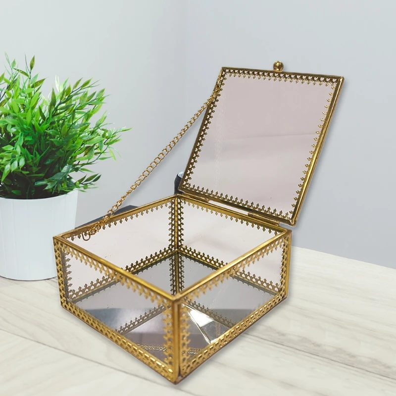 

Square Gold Brass Glass Ring Trinket Box Lace Edged Wedding Ring Box Clear Glass Jewelry Box Tabletop Home Organizer