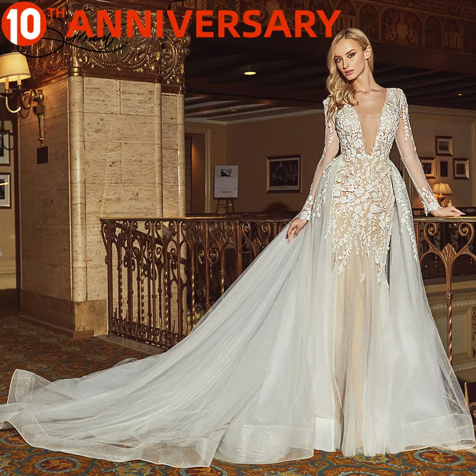 

BAZIIINGAAA свадебное платье без рукавов с круглым вырезом со съемным хвостом свадебное платье с кружевной аппликацией в виде русалки для невест...