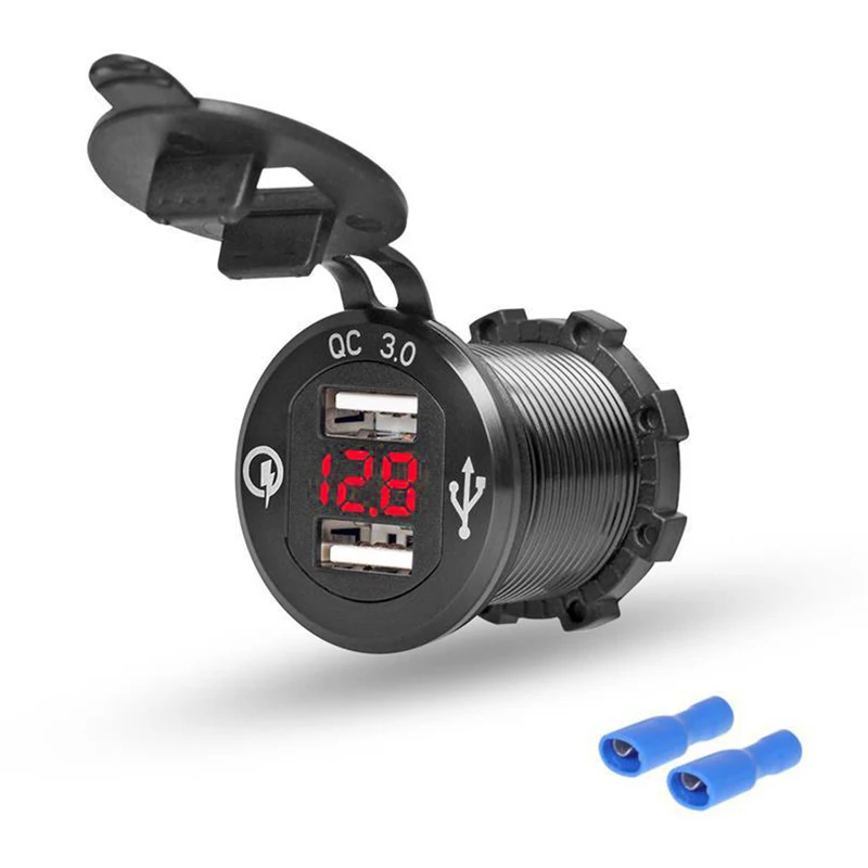 

12V/24V Quick Charger 3.0 QC3.0 Waterproof Dual USB Car Charger Voltmeter 60cm cable 10A FUSE for Car Boat Motorcycle Truck Golf