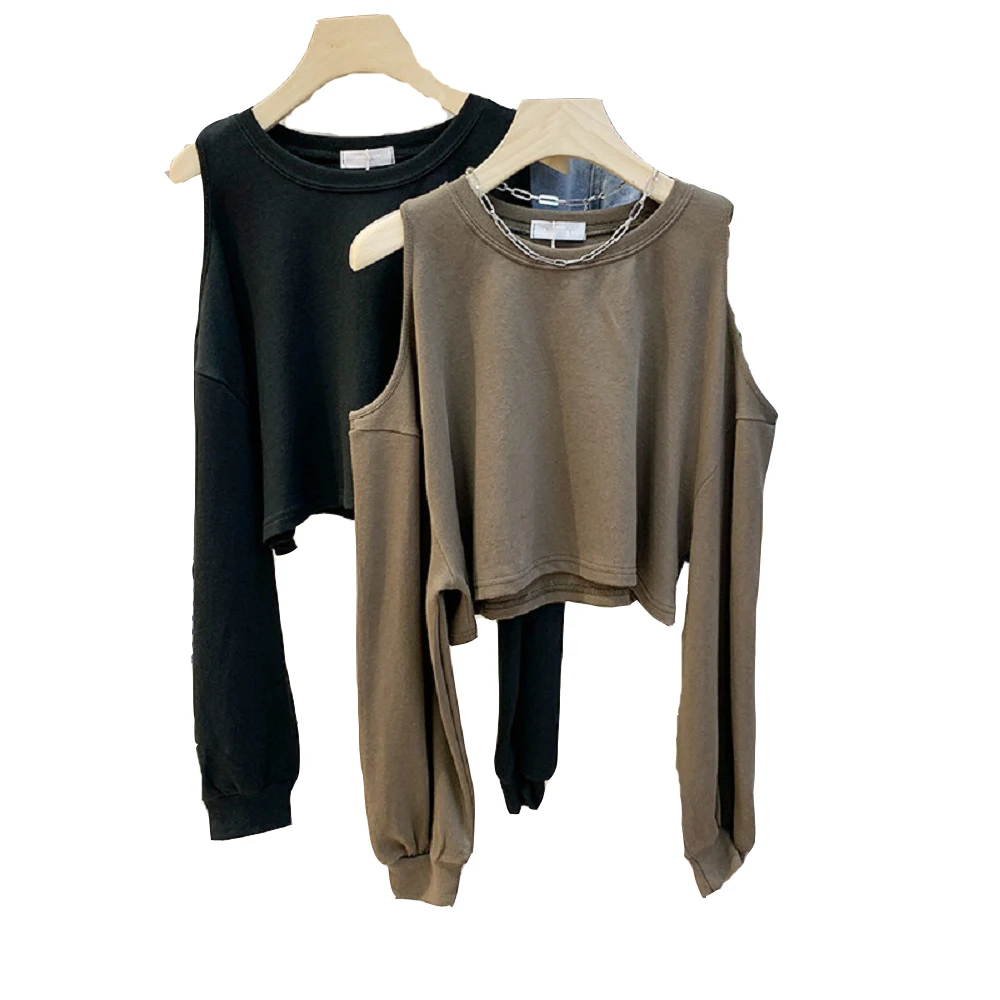 

Женская футболка с открытыми плечами, длинным рукавом и круглым вырезом