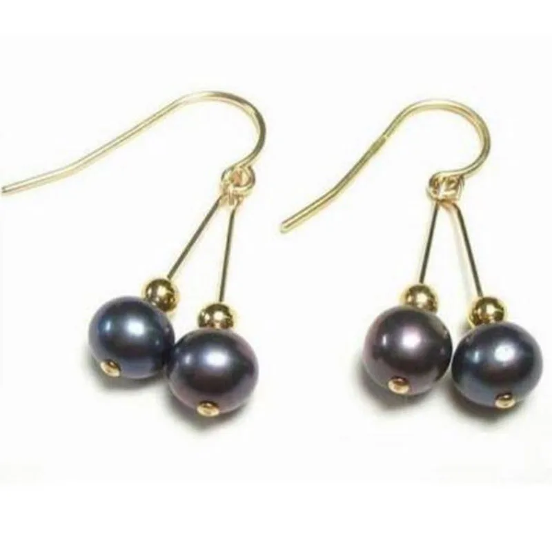 

free shipiing 100% natural Freshwater PERFECT NICE 8-9mm AAA+ black pearl drop earring 14k/20