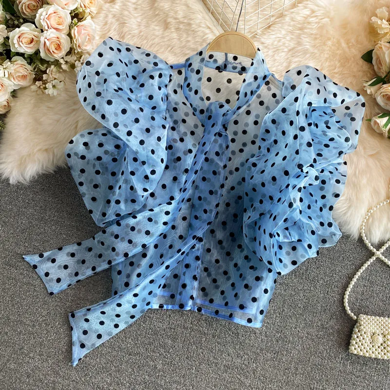 

Sexy Women Perspective Polka Dots Organza Ruffles Chiffon Shirts French Mesh Flowers Bow Tie Shirts Puff Sleeve Crop Tops Blusas