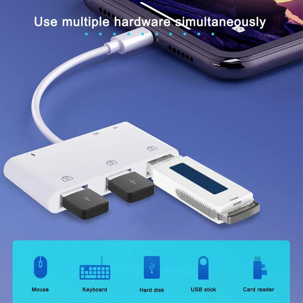 Адаптер для камеры OTG USB 6 в 1 lightning/micro SD/TF/card reader комплект iphone/ipad/apple ios 13