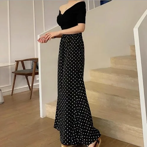 

Elegant High Waist Dot Skirt 2021 New Style Fashion Black Irregular Satin Skirt for Women