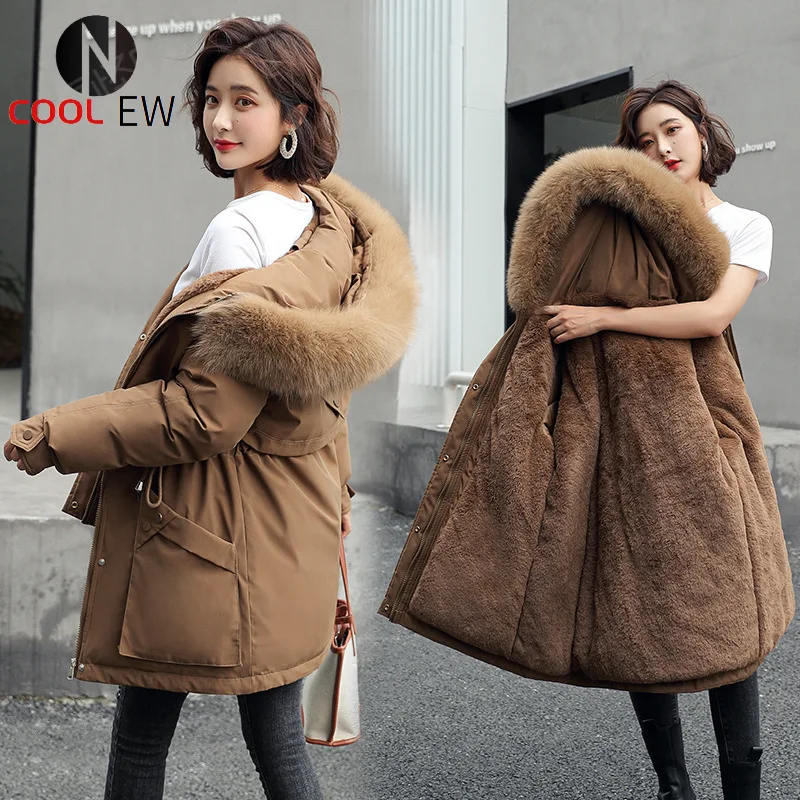 

Пуховик женский зимний в Корейском стиле, новинка 2021, толстый женский пуховик средней длины с большим меховым воротником