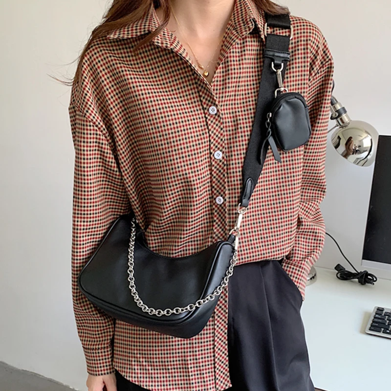 

Повседневная женская сумка на цепочке 2 мешка/комплект, модный однотонный мессенджер на широком ремешке, Сумочка через плечо для женщин, кош...