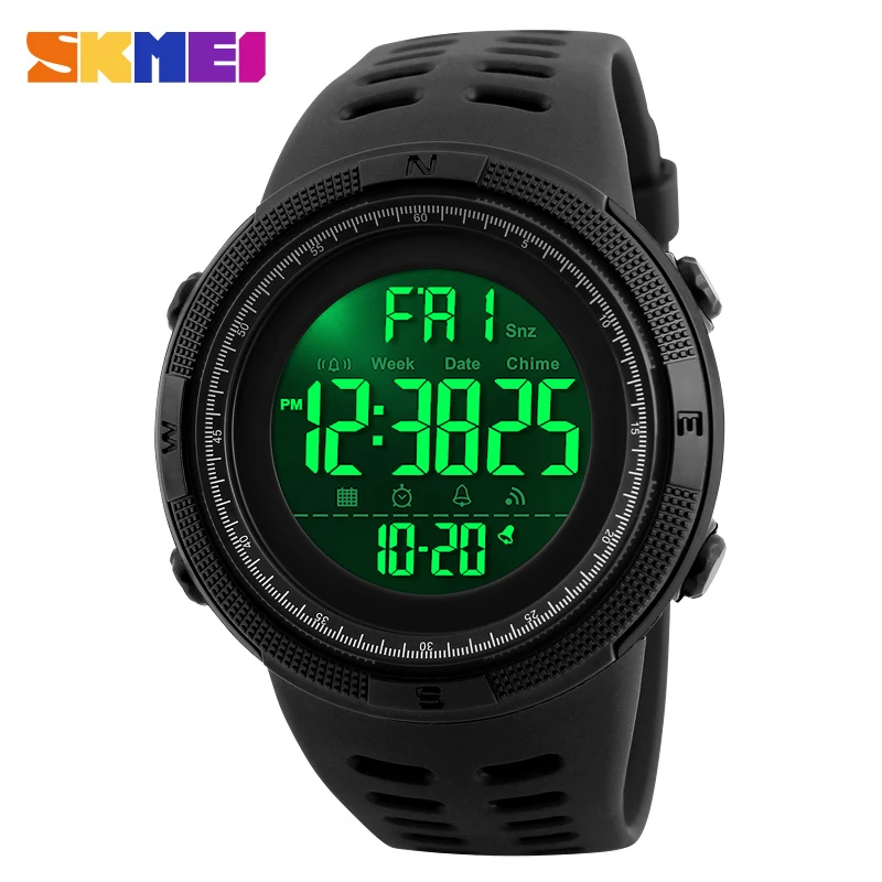 All Black SKMEI 1251, мужские спортивные часы, двойное время, мужские многофункциональные часы, будильник, Chrono, 5 бар, водонепроницаемые цифровые часы, reloj hombre - Цвет: All Black