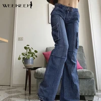 weekeep pocket patchwork cargo jeans women streetwear vintage baggy flared denim pants autumn harajuku korean 90s fashion casual