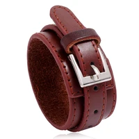 2020 new wristband punk style jewelry cuff double wide black red genuine leather bangles for men charm bracelet